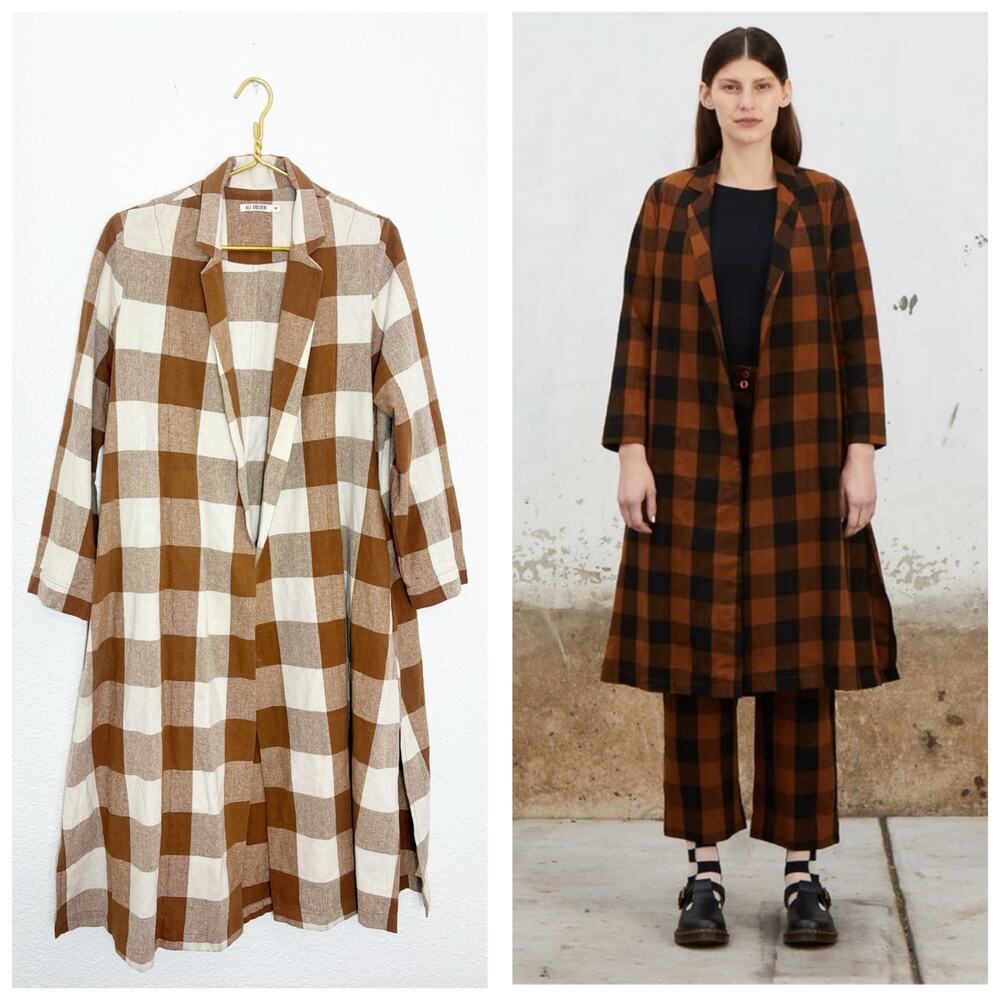 Ali Golden Raw Silk Notch Jacket Chestnut White Buffalo Plaid Medium Lagenlook